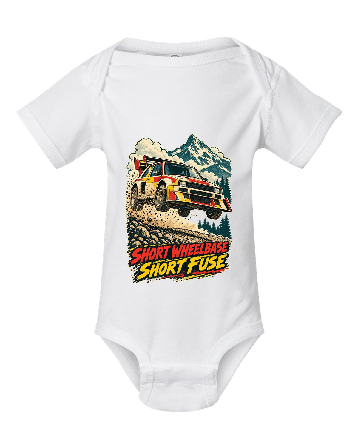 Vintage race-poster lithograph print of a 1985 Audi Sport Quattro S1 E2 with Short Fuse lettering white baby onesie front view with the design
