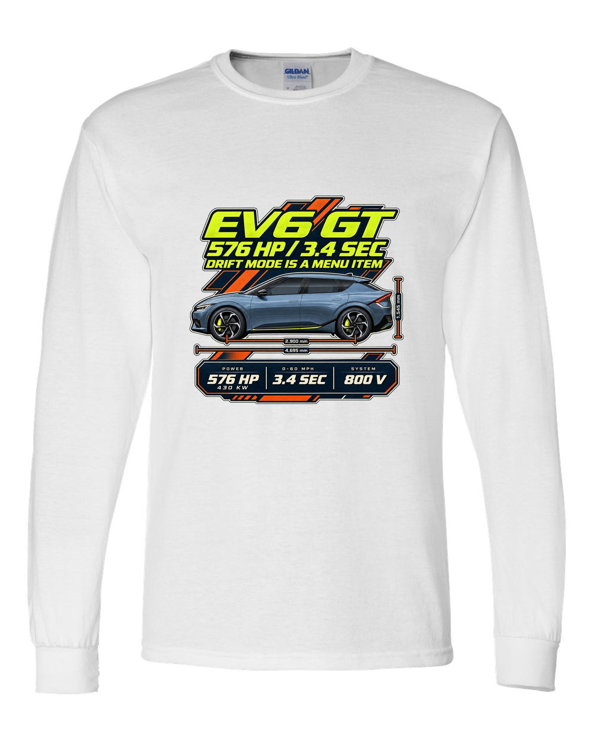 Kia EV6 GT spec poster print on a shirt white long sleeve front view with the design