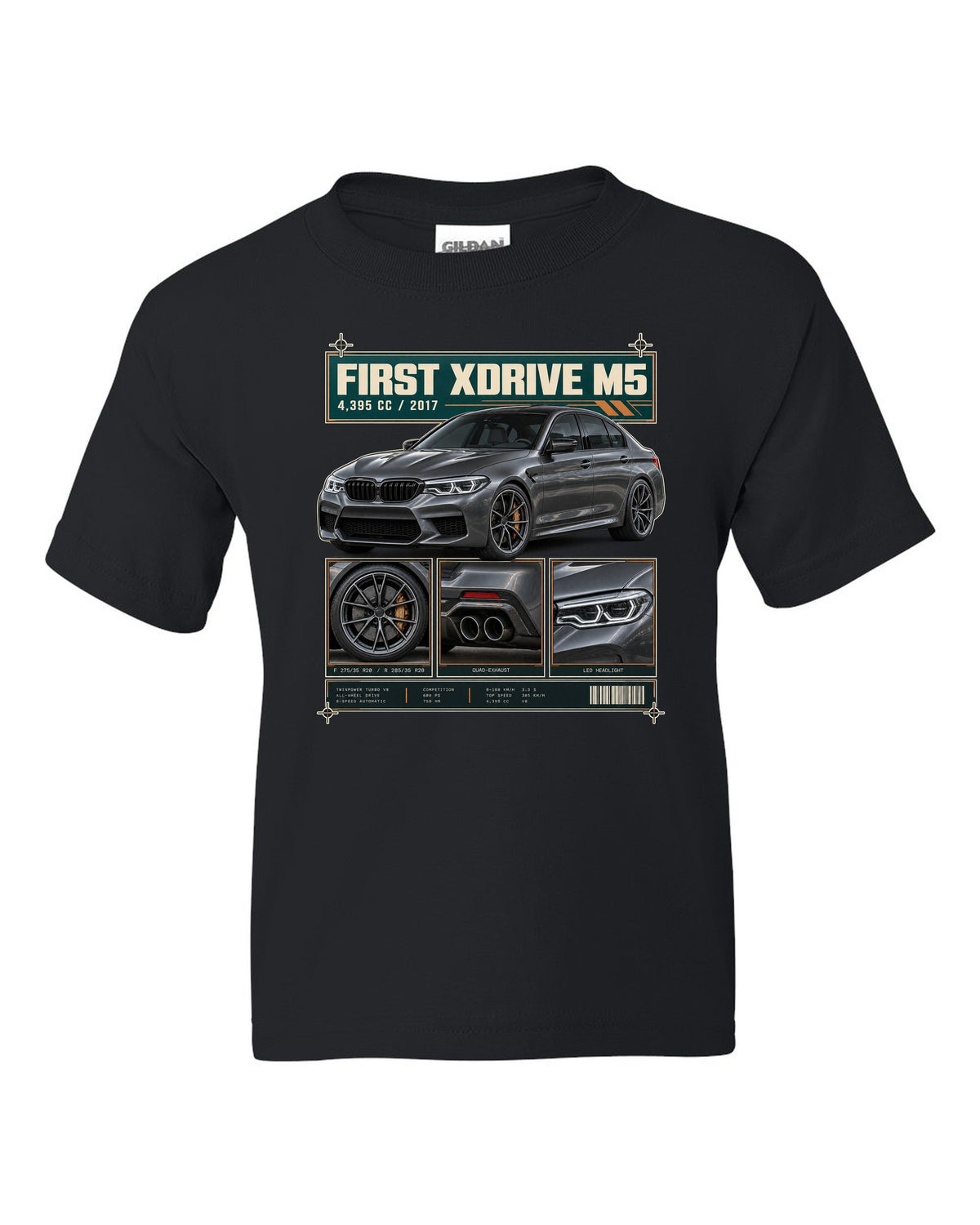 BMW M5 F90 Competition dossier panel print on a tee black kids tee front view with the design