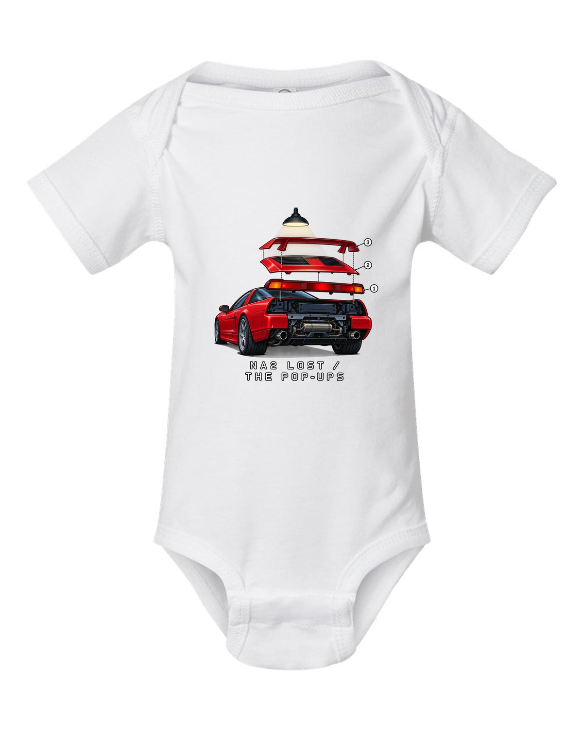 Isometric exploded taillight diagram of a 2002 Honda NSX NA2 with NA2 Lost The Pop-Ups lettering white baby onesie front view with the design