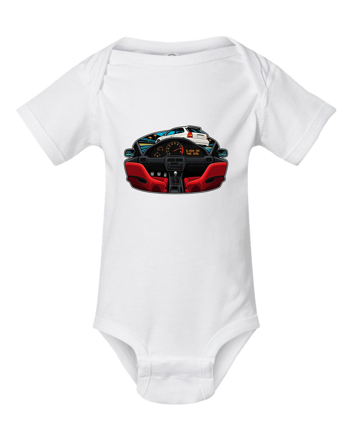 Gauge-cluster HUD print of a 1997 Honda Civic Type R EK9 with 8,400 on the dial text white baby onesie front view with the design