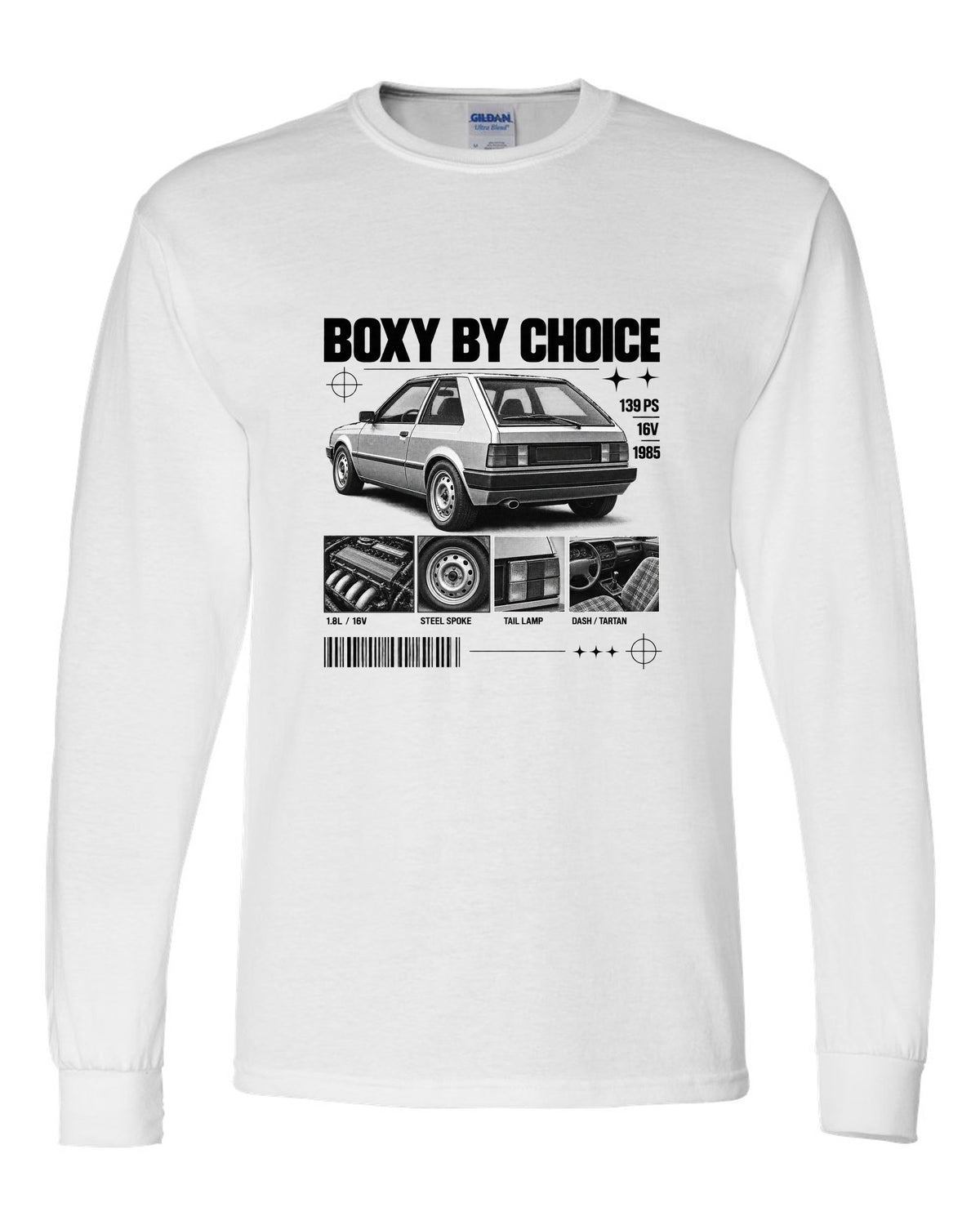 VW Golf Mk2 GTI 16V 1985 rear three-quarter in dossier panels with 139 PS text white long sleeve front view with the design