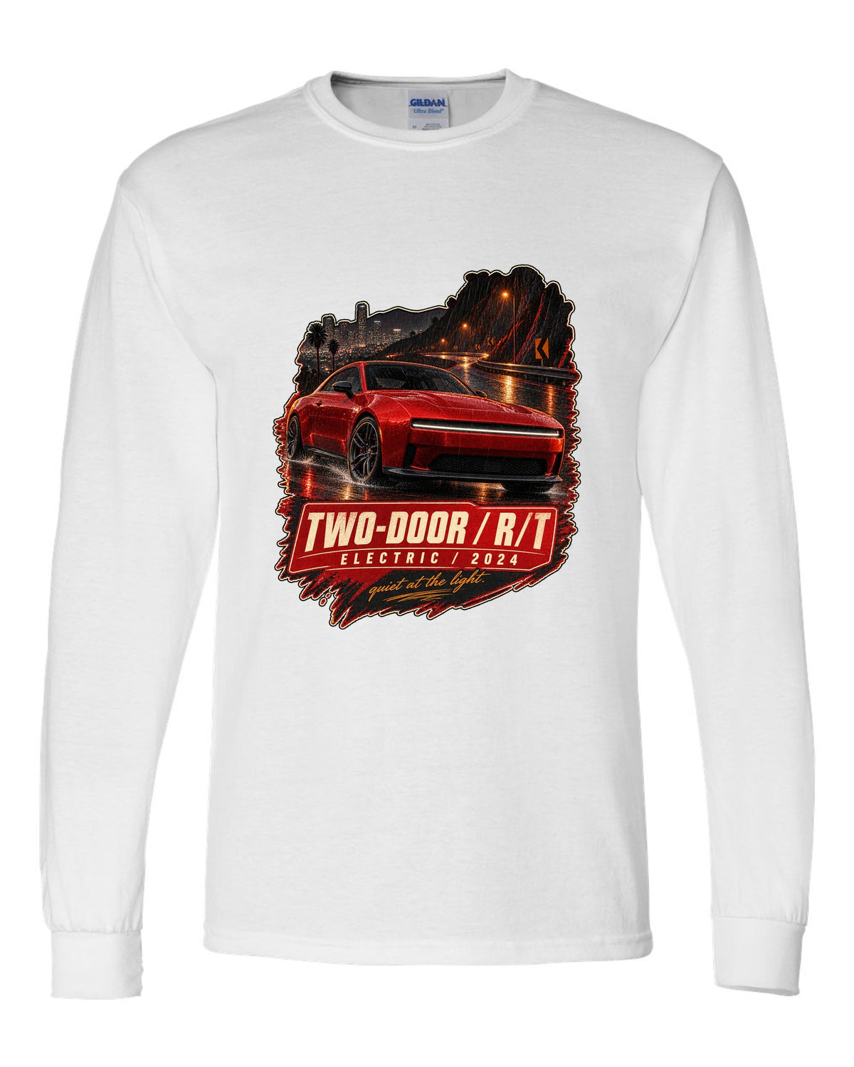 print of a 2024 Dodge Charger Daytona R/T on a night street white long sleeve front view with the design