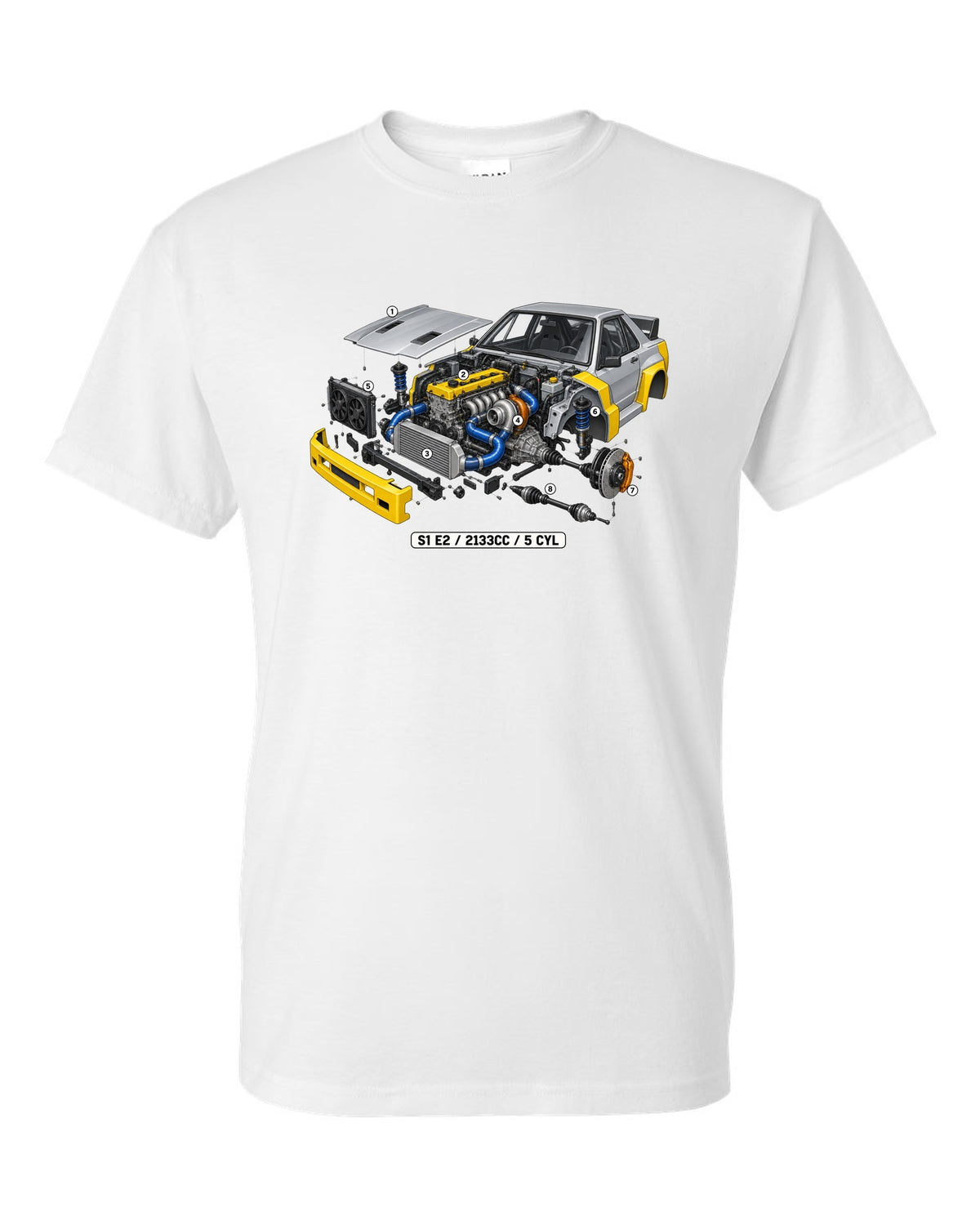 Isometric cutaway of the Audi S1 E2 five-cylinder engine, 2133cc white t-shirt front view with the design
