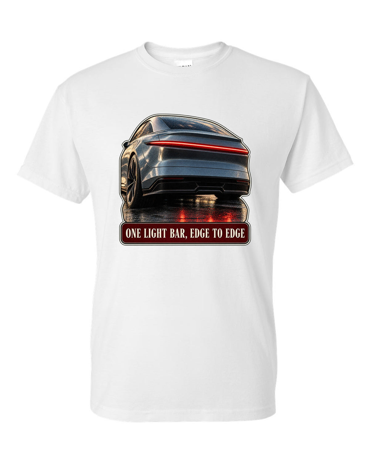 Taillight macro print of a Lucid Air Sapphire with a single light bar white t-shirt front view with the design