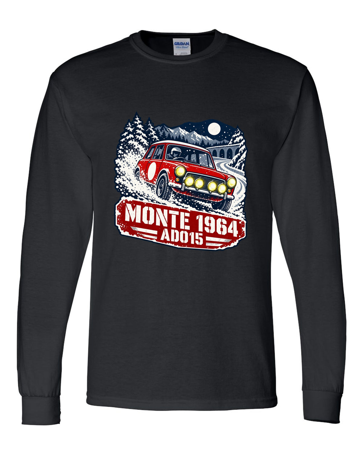 Stencil rally poster print of a Classic Mini Cooper S ADO15 on a night stage for Monte 1964 black long sleeve front view with the design