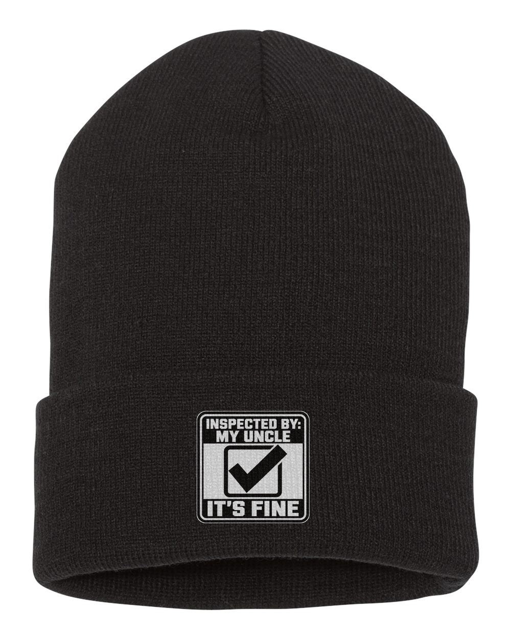 Funny Uncle Inspected Sticker Shirt For Car Guys black beanie front view with car name