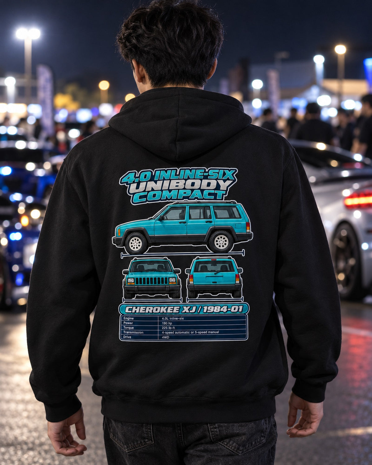 Jeep Cherokee Xj Spec Sheet Full-Back Graphic Tee Pull Over Hoodie Black worn hero