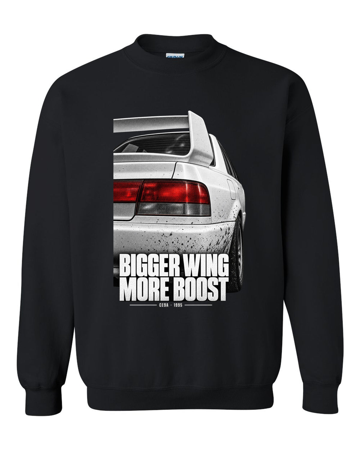 Tail and wing macro print for the Mitsubishi Lancer Evolution III CE9A reading Bigger Wing, More Boost black crewneck front view with the design