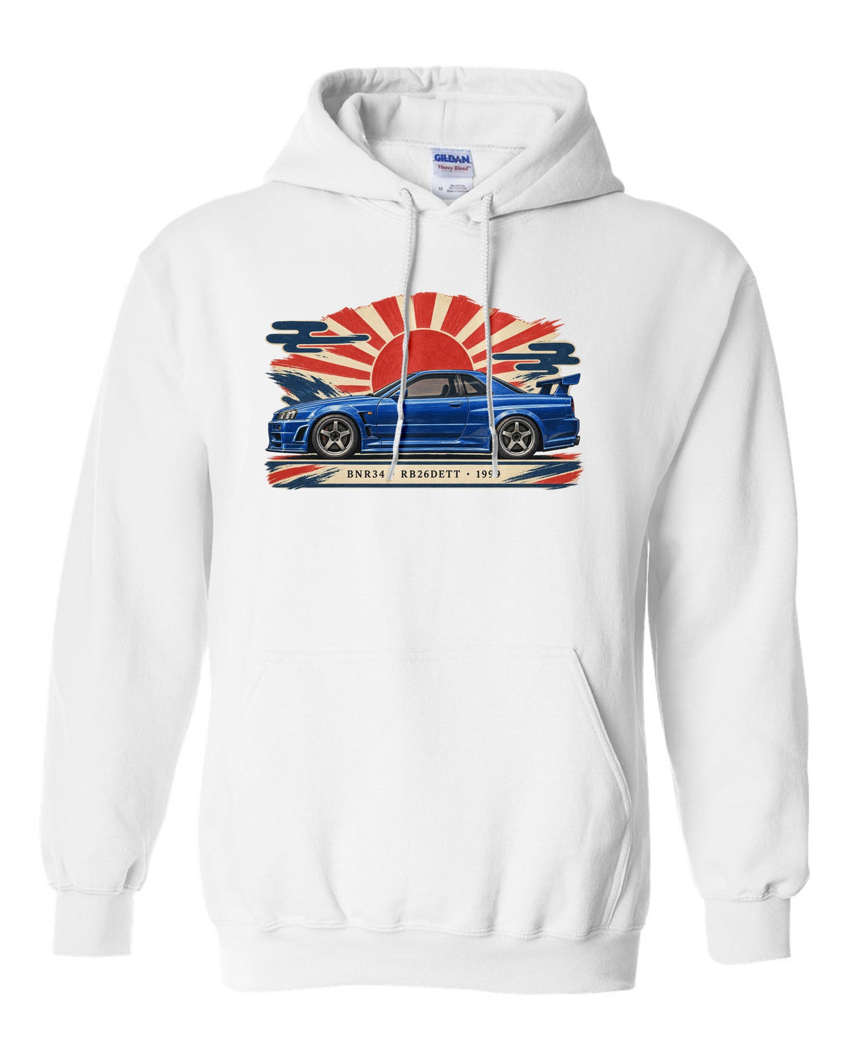 Retro Japanese Showa catalogue ad style print of a 1999 Nissan Skyline GT-R BNR34 with RB26DETT lettering white pull over hoodie front view with the design
