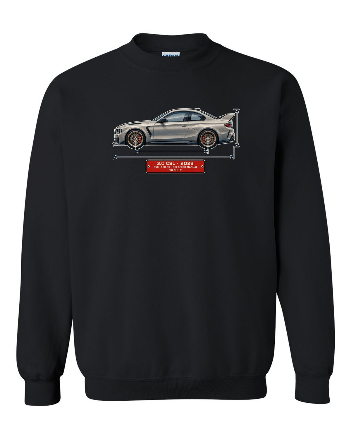 BMW 3.0 CSL 2023 dimension blueprint print black crewneck front view with the design