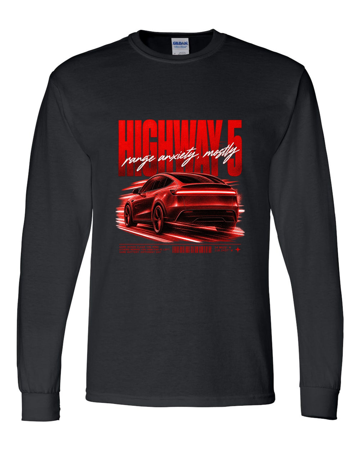 Tesla Model Y Juniper rear three-quarter in motion street poster reading Highway 5 black long sleeve front view with the design