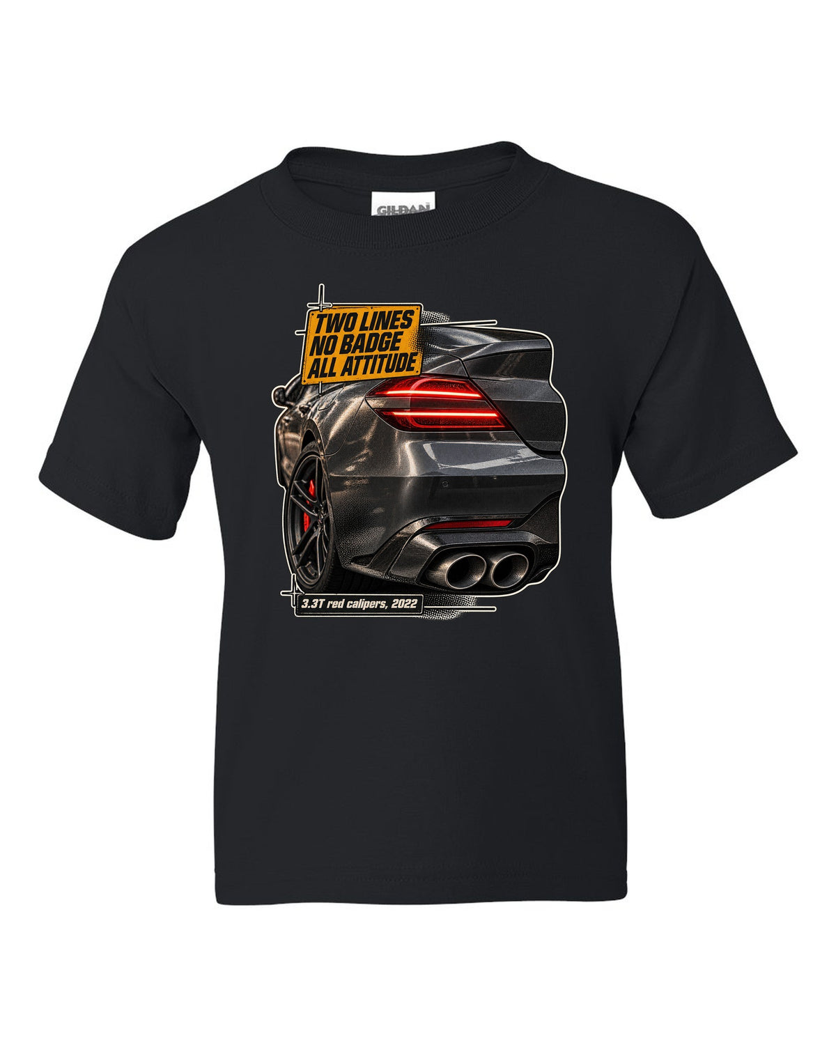 Taillight macro print of the Genesis G70 3.3T rear with two light lines black kids tee front view with the design