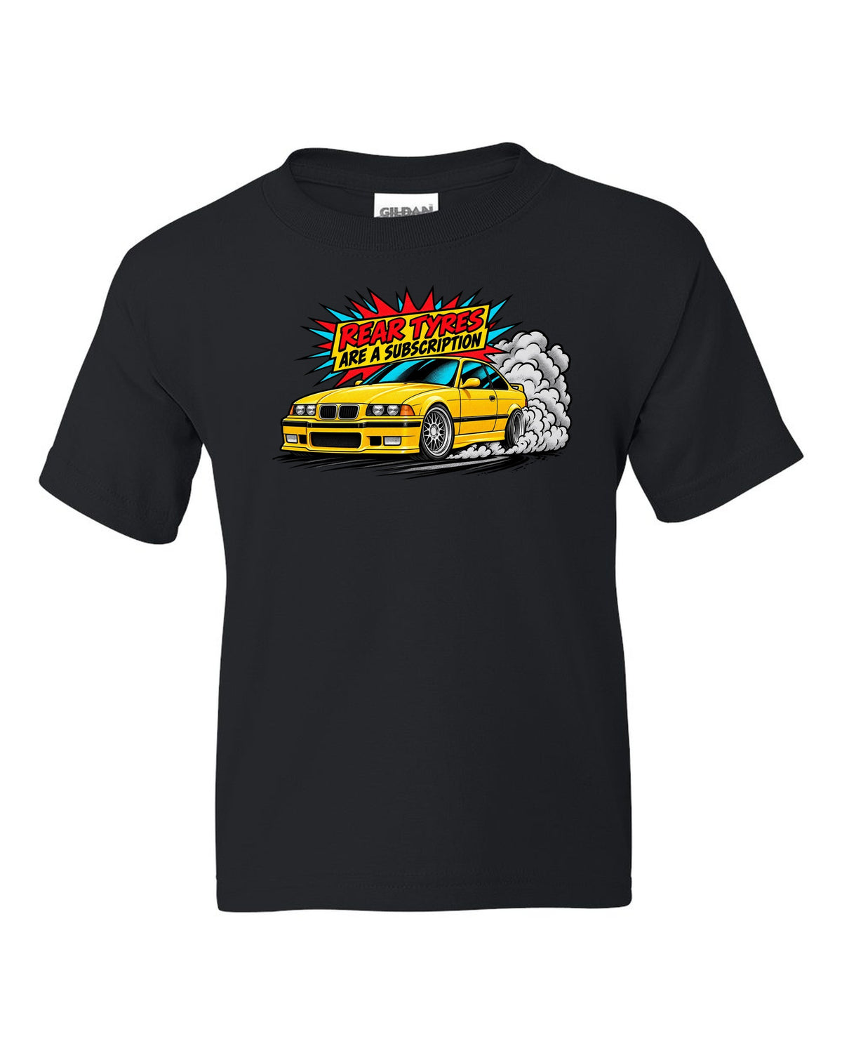 Risograph illustration of the stripped cockpit of a BMW E36 M3 Lightweight 1995 black kids tee front view with the design