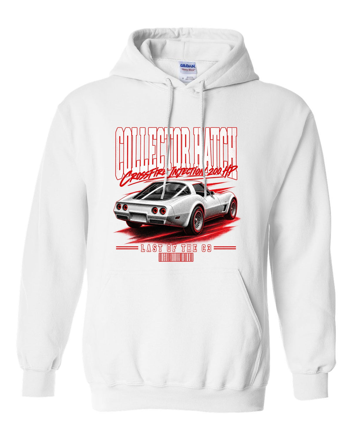 Chevrolet Corvette C3 1982 Collector Edition glass ch street poster print white pull over hoodie front view with the design