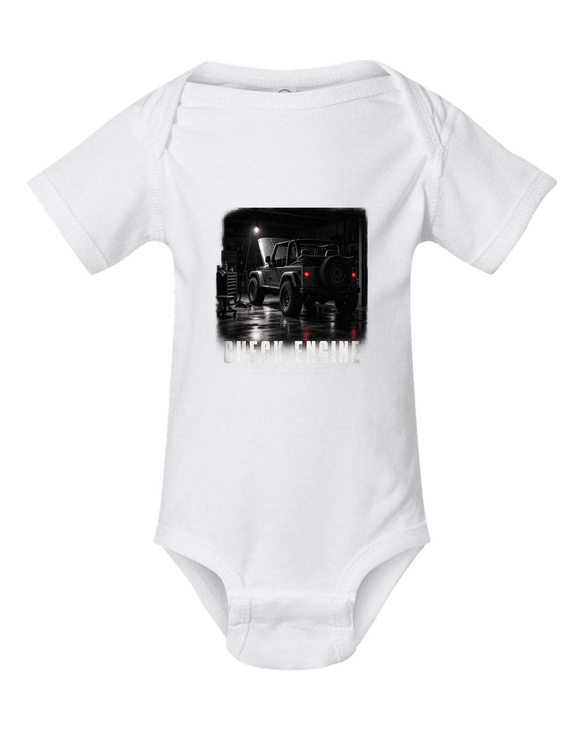 Garage night print for the Jeep Wrangler TJ, Check Engine The 4.0 Doesn't Care white baby onesie front view with the design