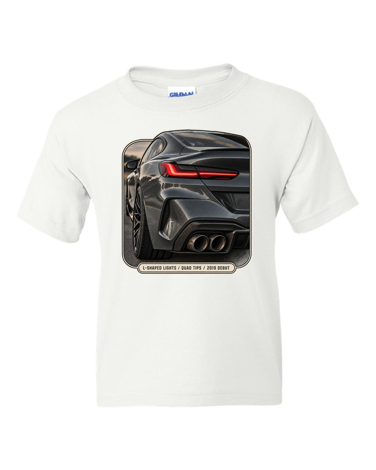 BMW M8 Competition F92 taillight detail macro print on a tee white kids tee front view with the design