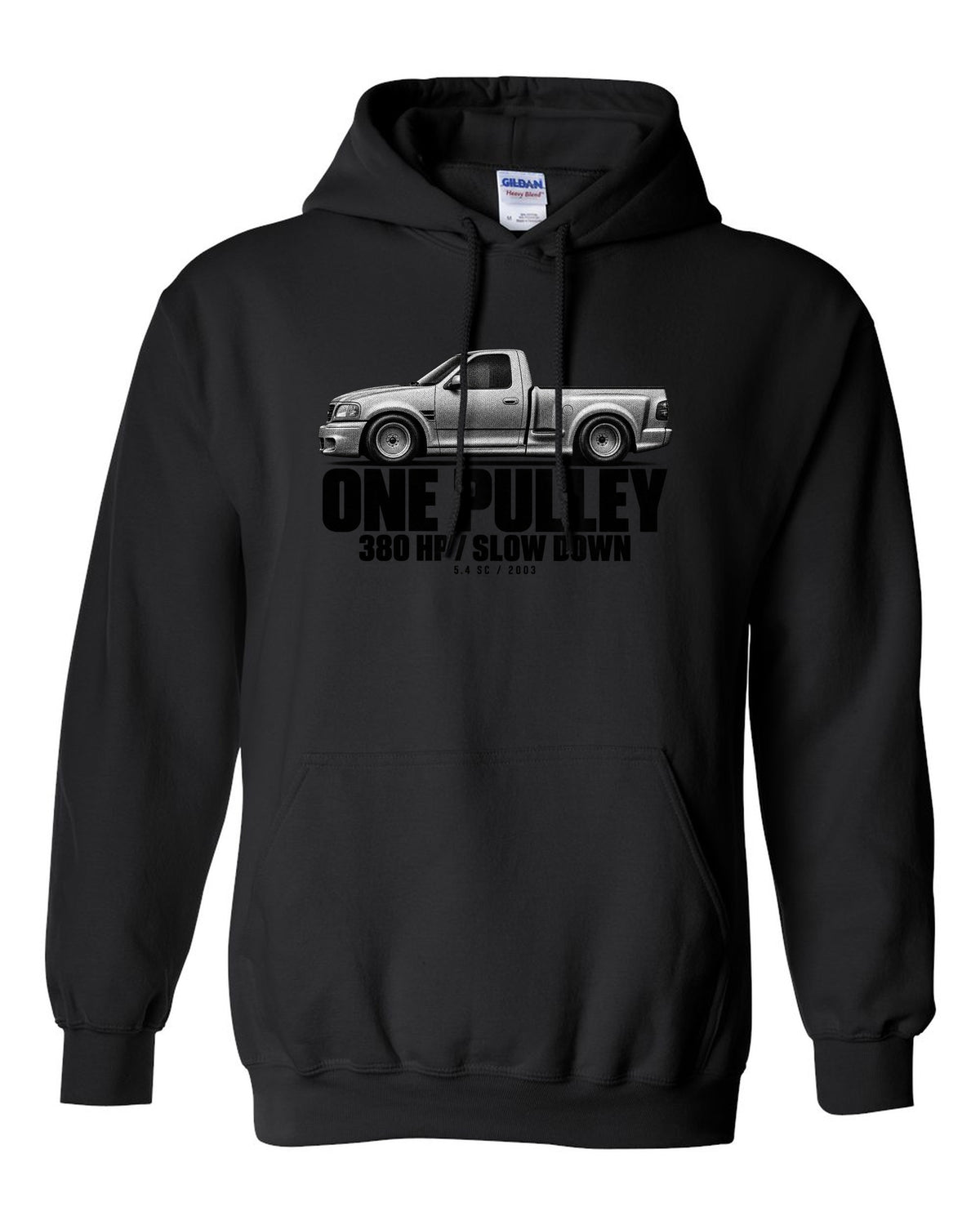 Halftone print of a 2002-03 Ford F-150 SVT Lightning with 380 HP text black pull over hoodie front view with the design