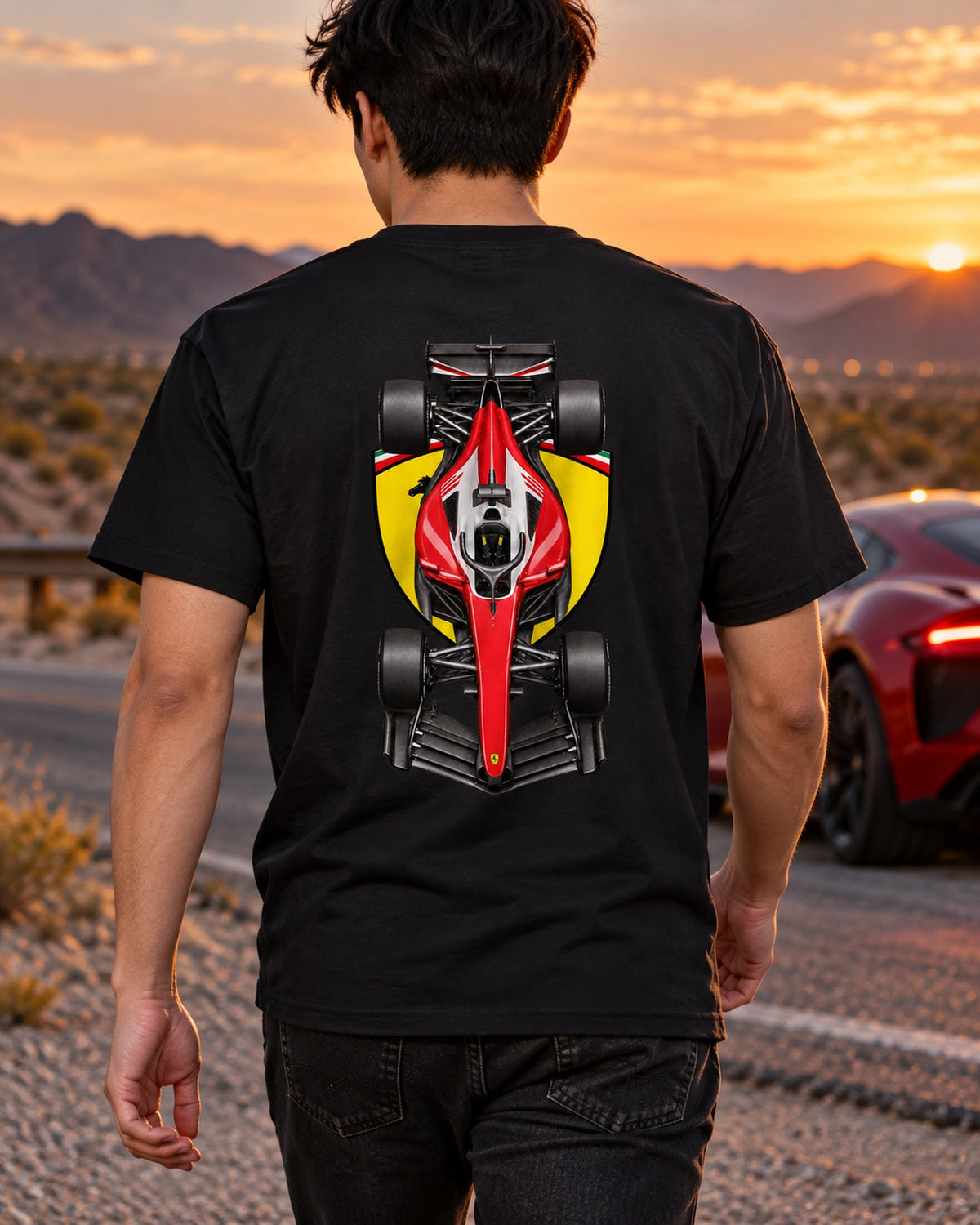 Ferrari SF-26 2026 F1 Overhead Poster Shirt, Formula 1 Tee, Design 24 T-Shirt Black worn hero