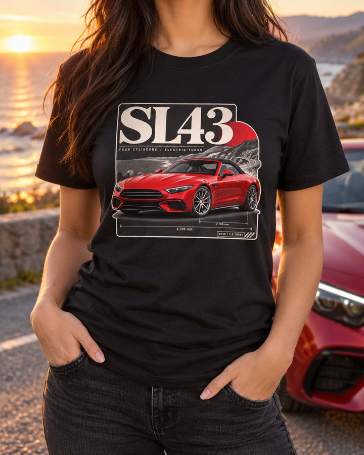 SL43 R232 Electric Turbo Editorial Shirt, Mercedes-AMG T-Shirt Black worn hero