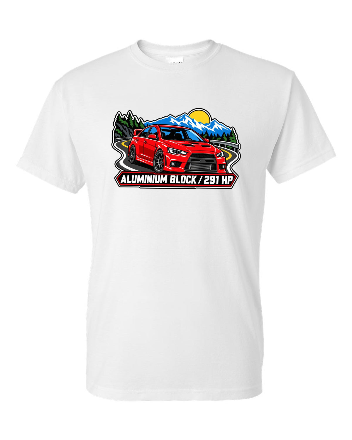 Bold three-colour screen-print style print of an airborne Mitsubishi Evo X CZ4A with all four left the ground text white t-shirt front view with the design