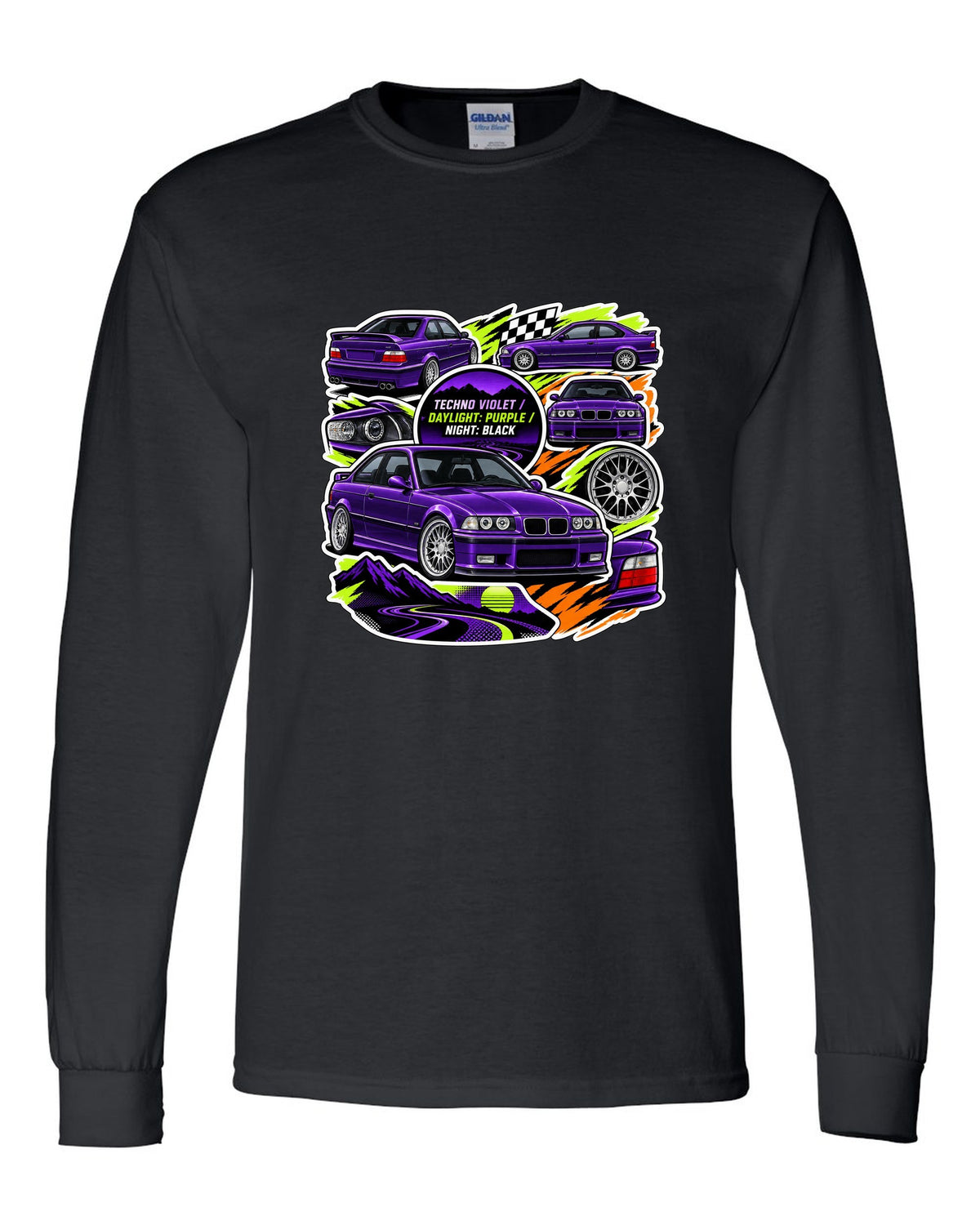 Sticker bomb collage print of a Techno Violet BMW E36 M3 with daylight purple night black text black long sleeve front view with the design