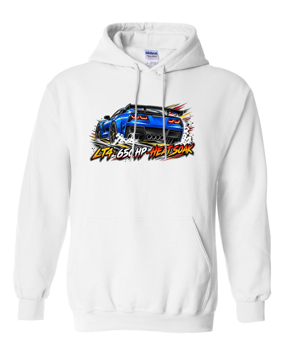 Retro manga halftone panel print of a 2016 Chevrolet Corvette C7 Z06 with LT4 650 HP heat soak lettering white pull over hoodie front view with the design