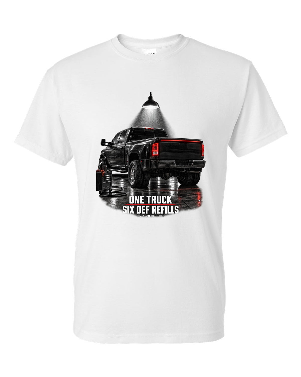 Ram 3500 4th gen dually 6.7 in a night garage with the text One truck, six DEF refills white t-shirt front view with the design