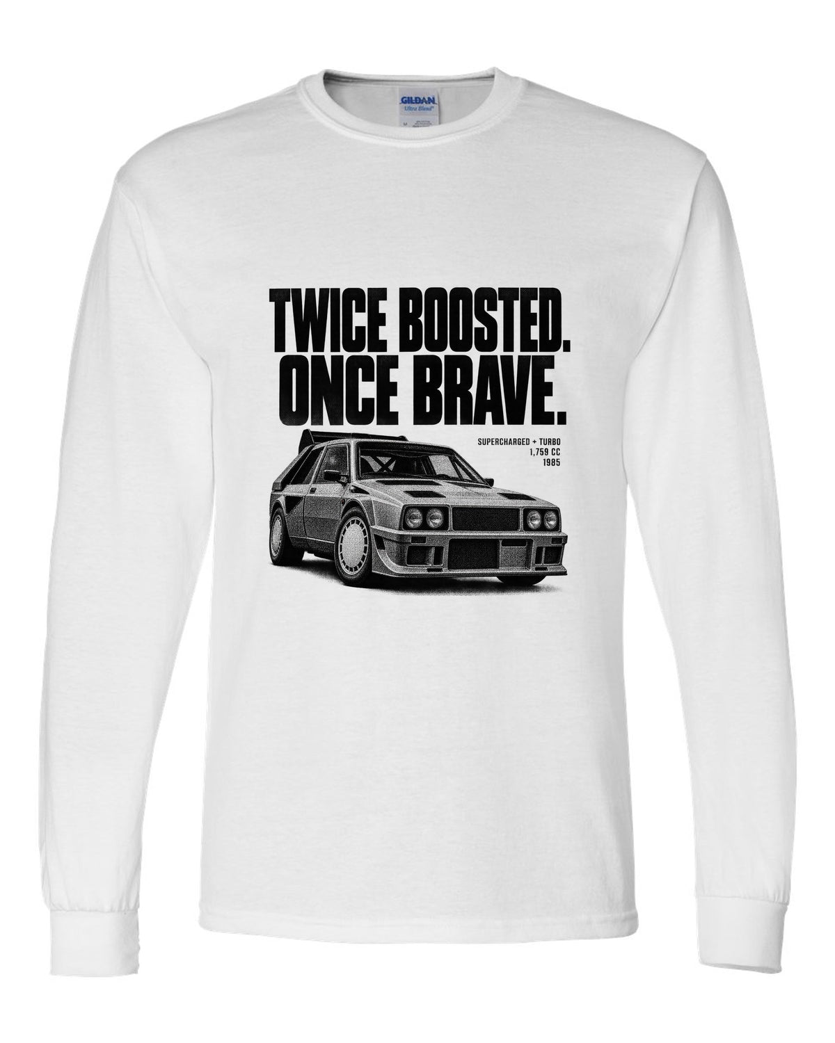 Halftone print of a Lancia Delta S4 with supercharged and turbo lettering white long sleeve front view with the design