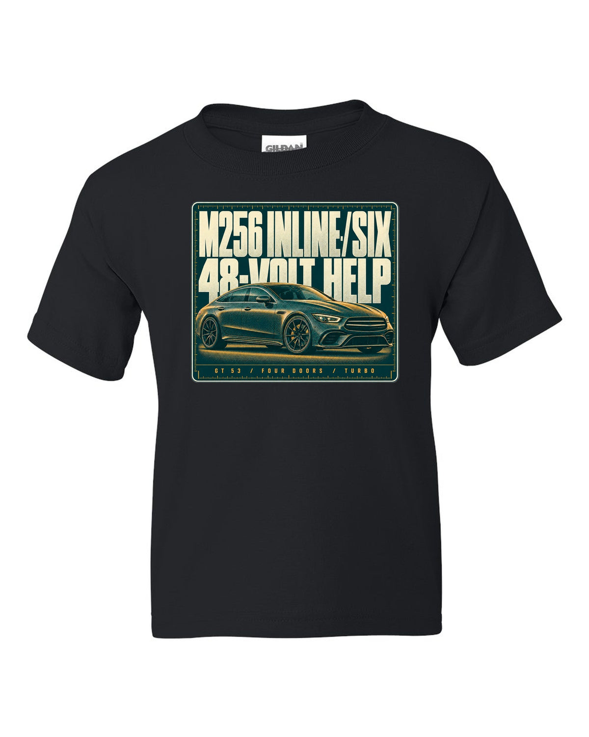 Mercedes-AMG GT 53 4-Door X290 teal and amber halftone print black kids tee front view with the design