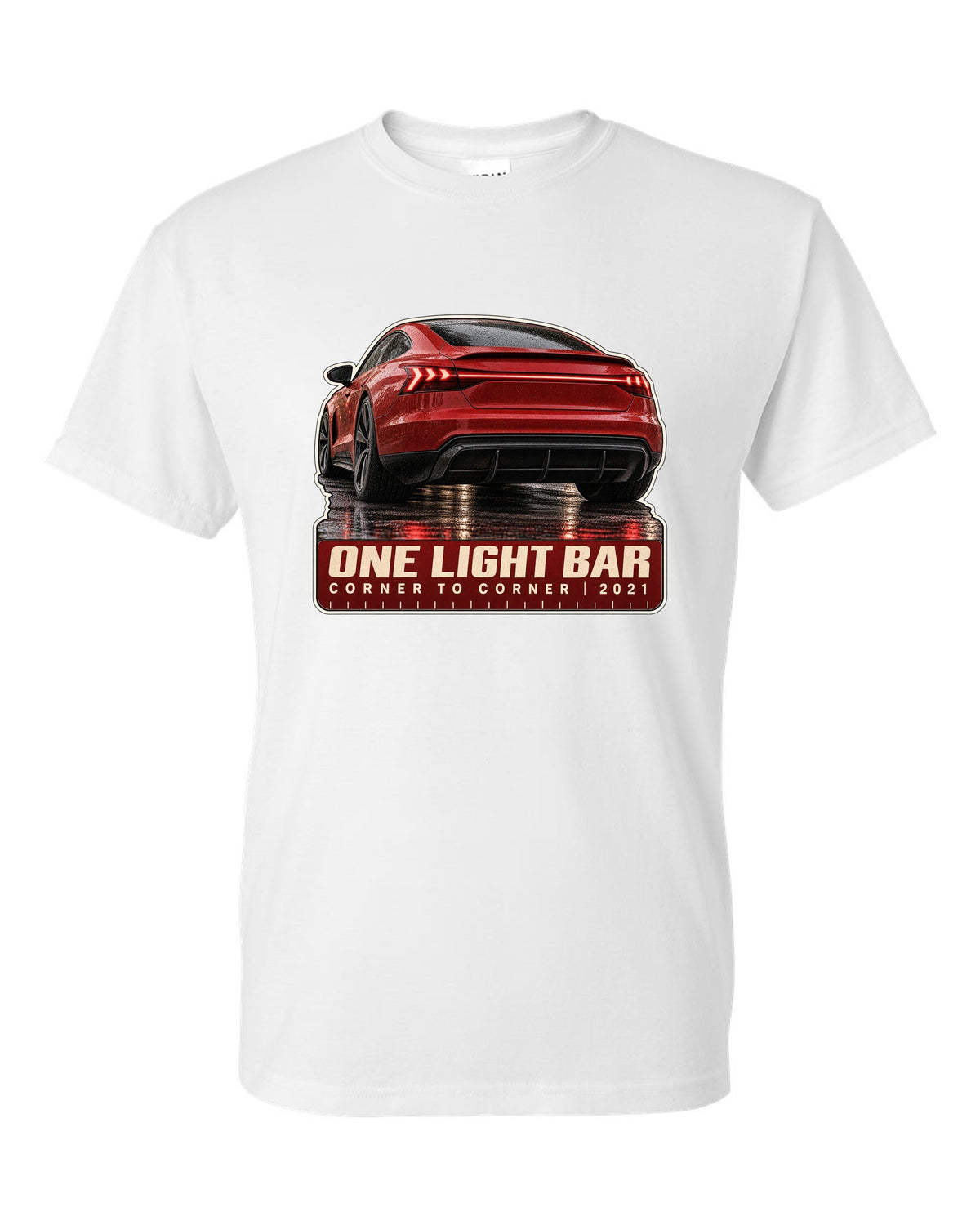 Audi RS e-tron GT rear light bar macro print design white t-shirt front view with the design