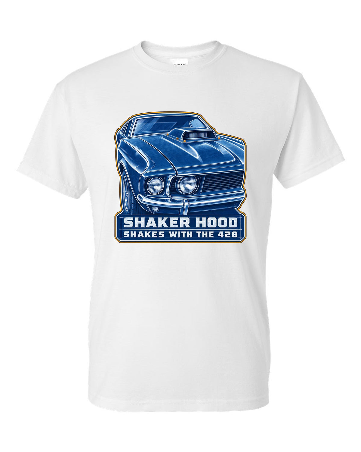 Cyanotype blueprint print of a 1969 Ford Mustang fastback shaker hood white t-shirt front view with the design