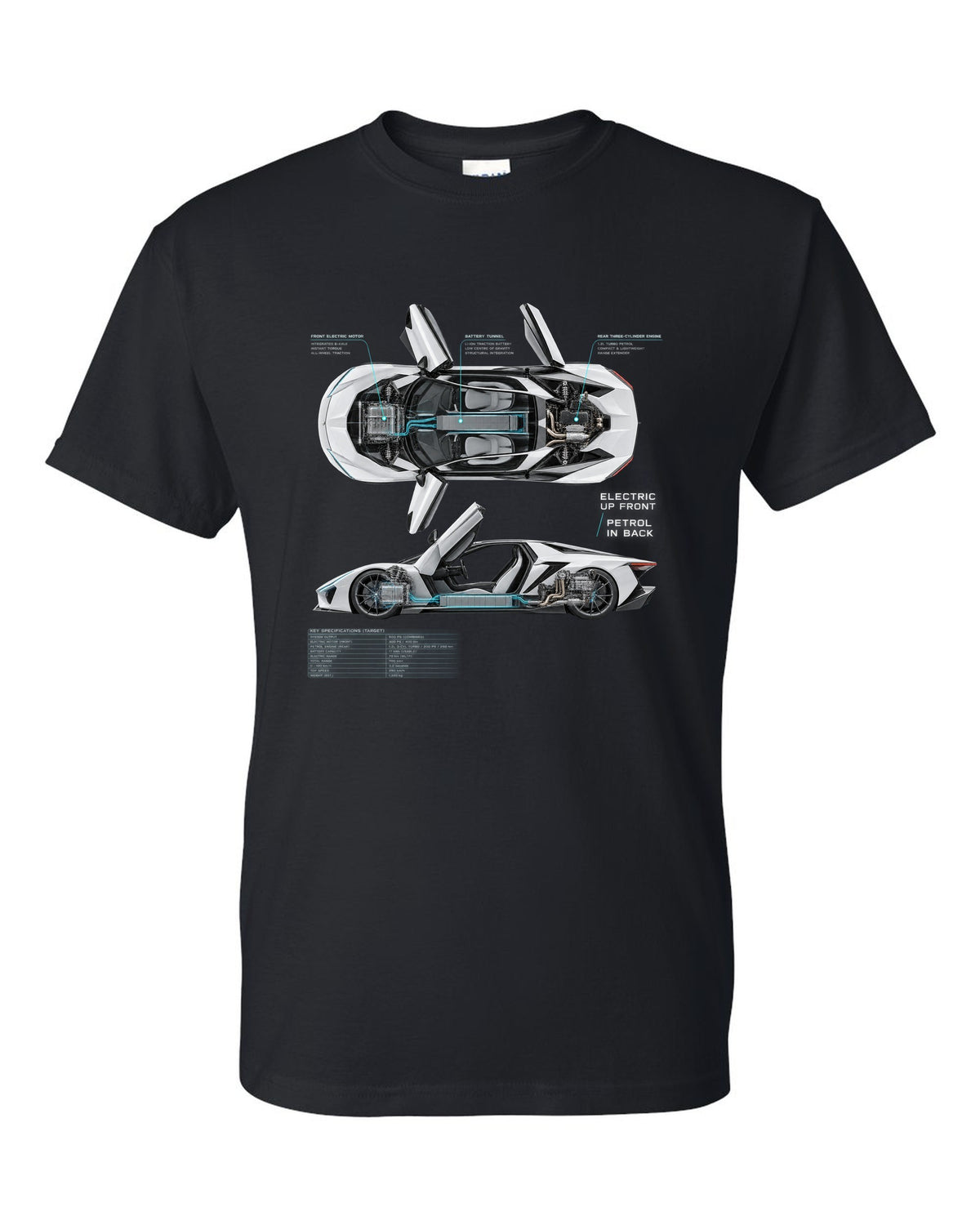 BMW i8 I12 spec poster print with electric up front petrol in back text black t-shirt front view with the design