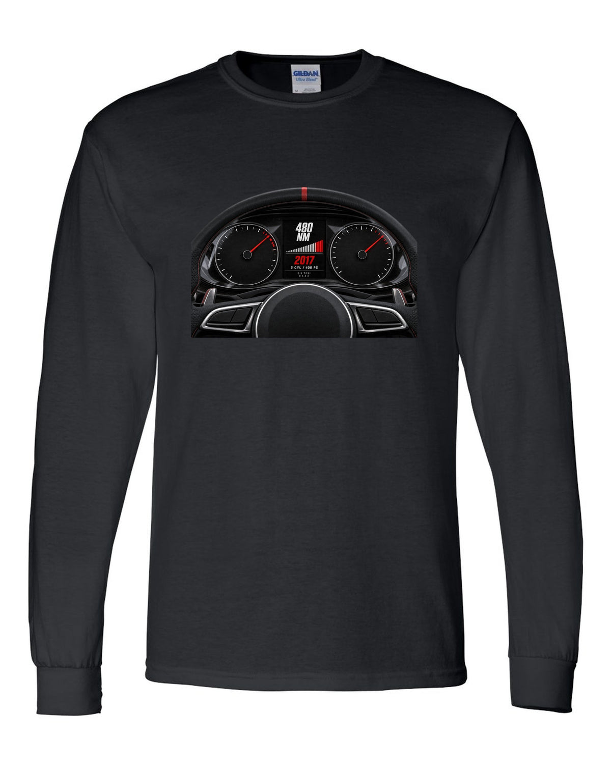 Audi RS3 8V instrument cluster gauge design with 5 cyl 400 PS text black long sleeve front view with the design