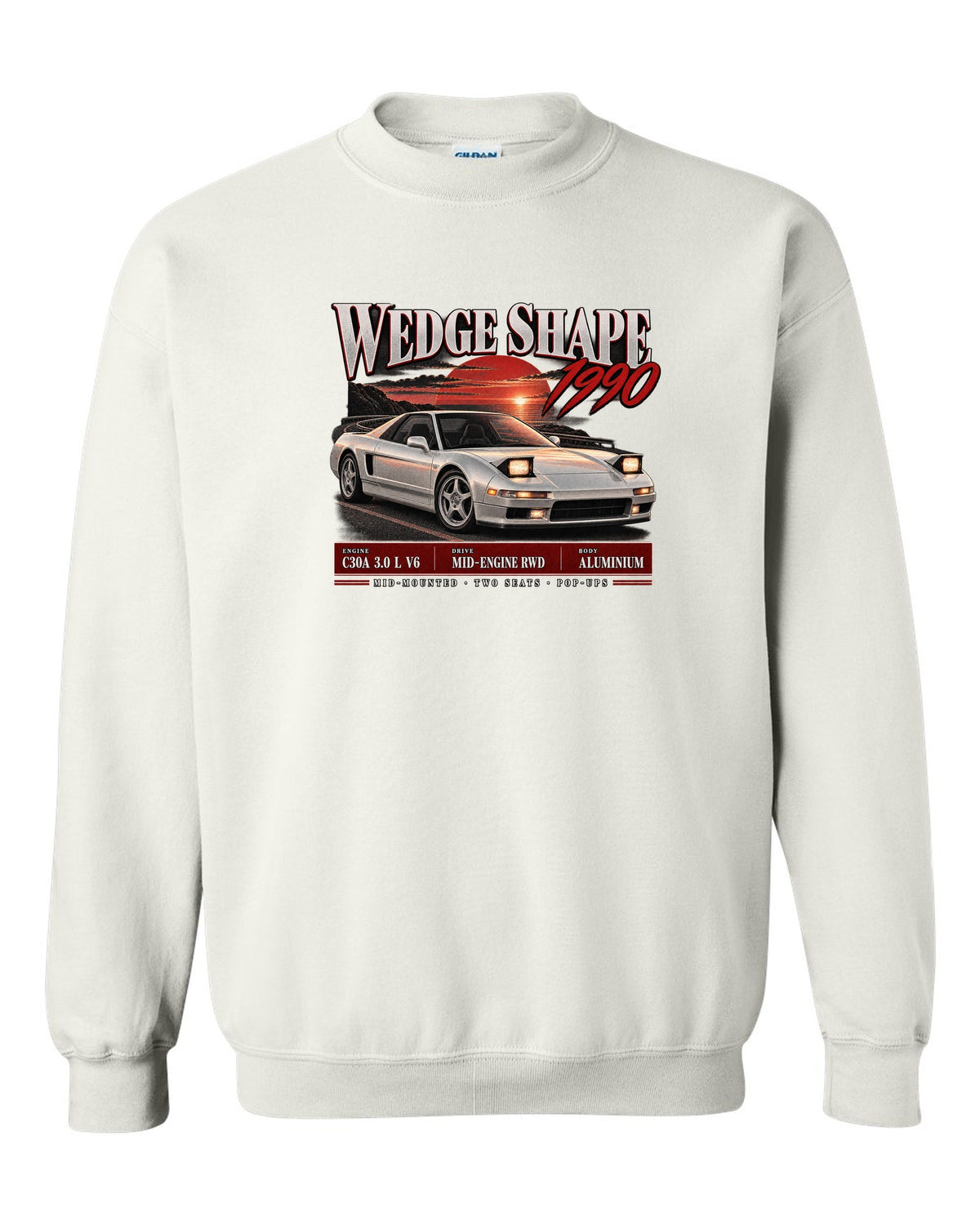 Honda NSX NA1 archive panel design with wedge shape 1990 text white crewneck front view with the design