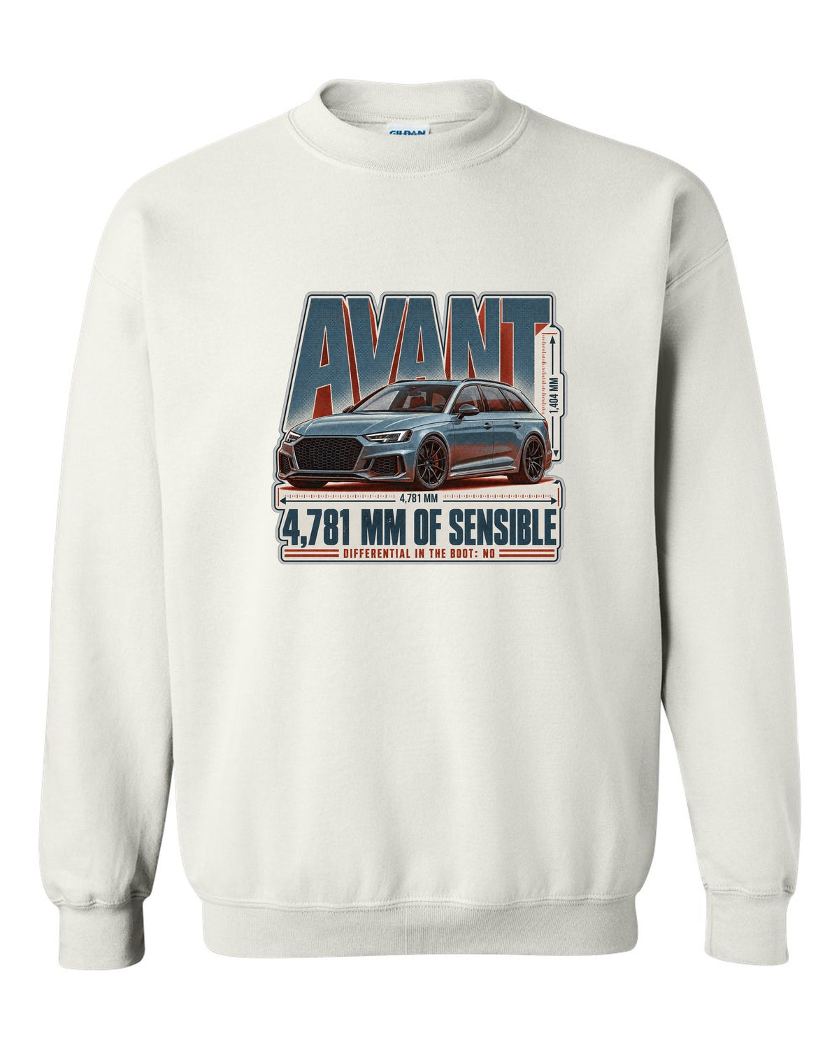 Audi RS4 Avant B9 halftone statement print with wagon text white crewneck front view with the design