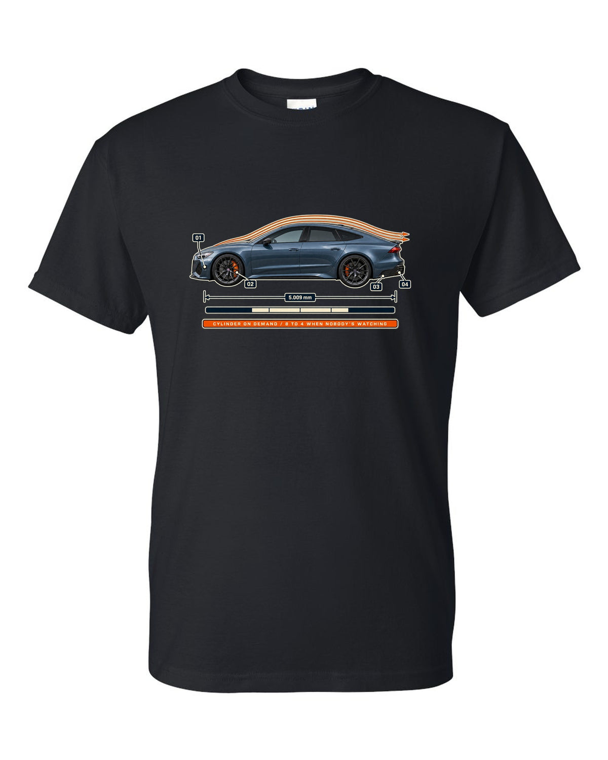 Aero callout print of an Audi RS7 Sportback C8 with cylinder on demand caption black t-shirt front view with the design