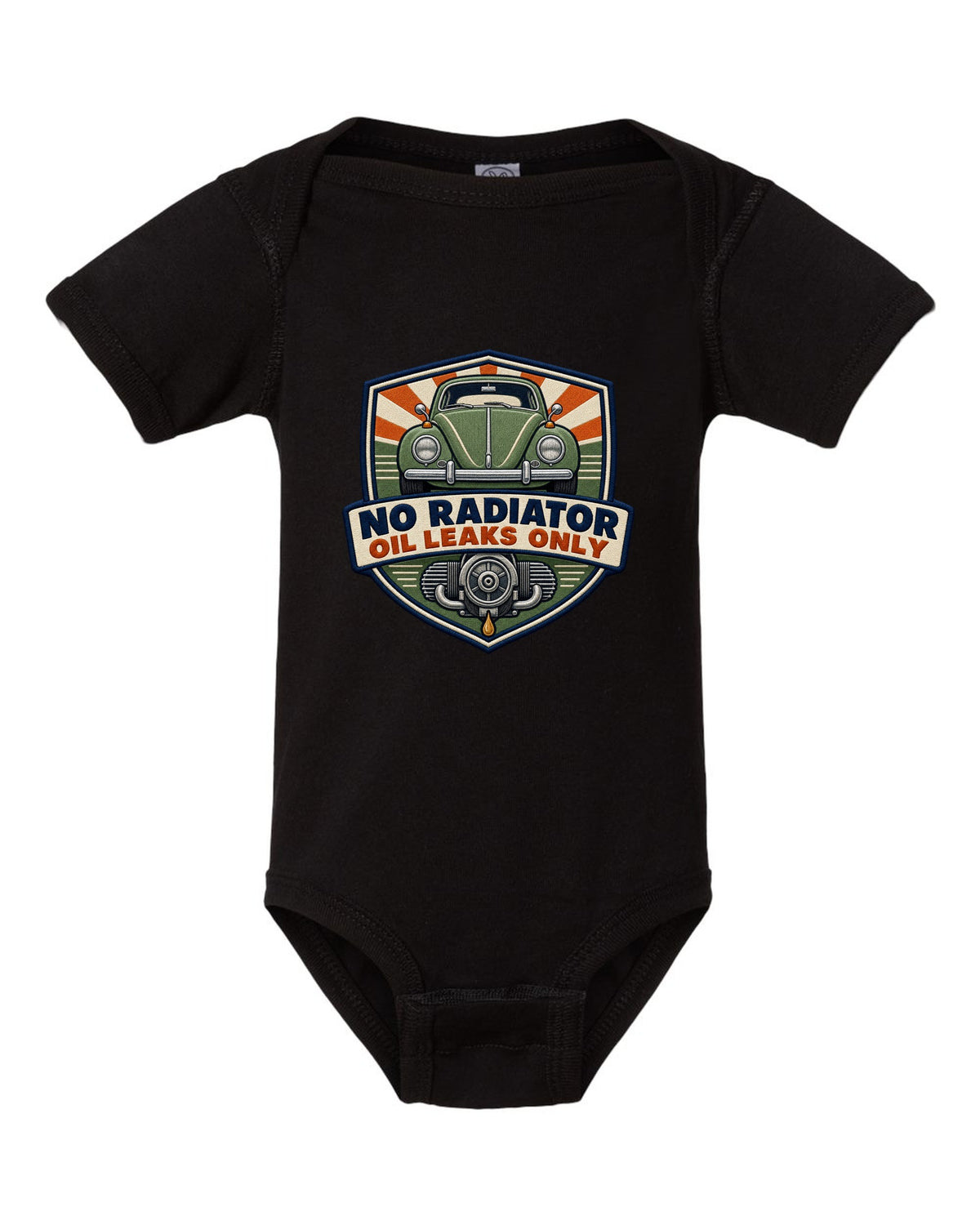 Shield crest for the VW Beetle Type 1 1303 reading no radiator, oil leaks only black baby onesie front view with the design