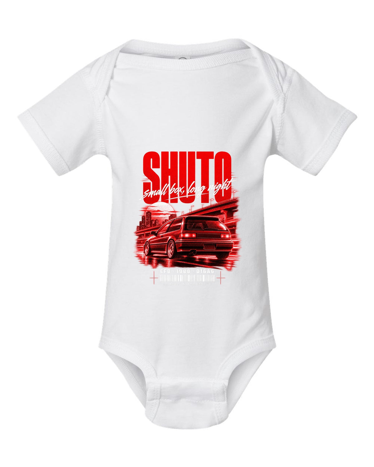 Street poster print for the 1988 Honda CRX EF8 Si with Shuto night lettering and D16A6 engine code white baby onesie front view with the design