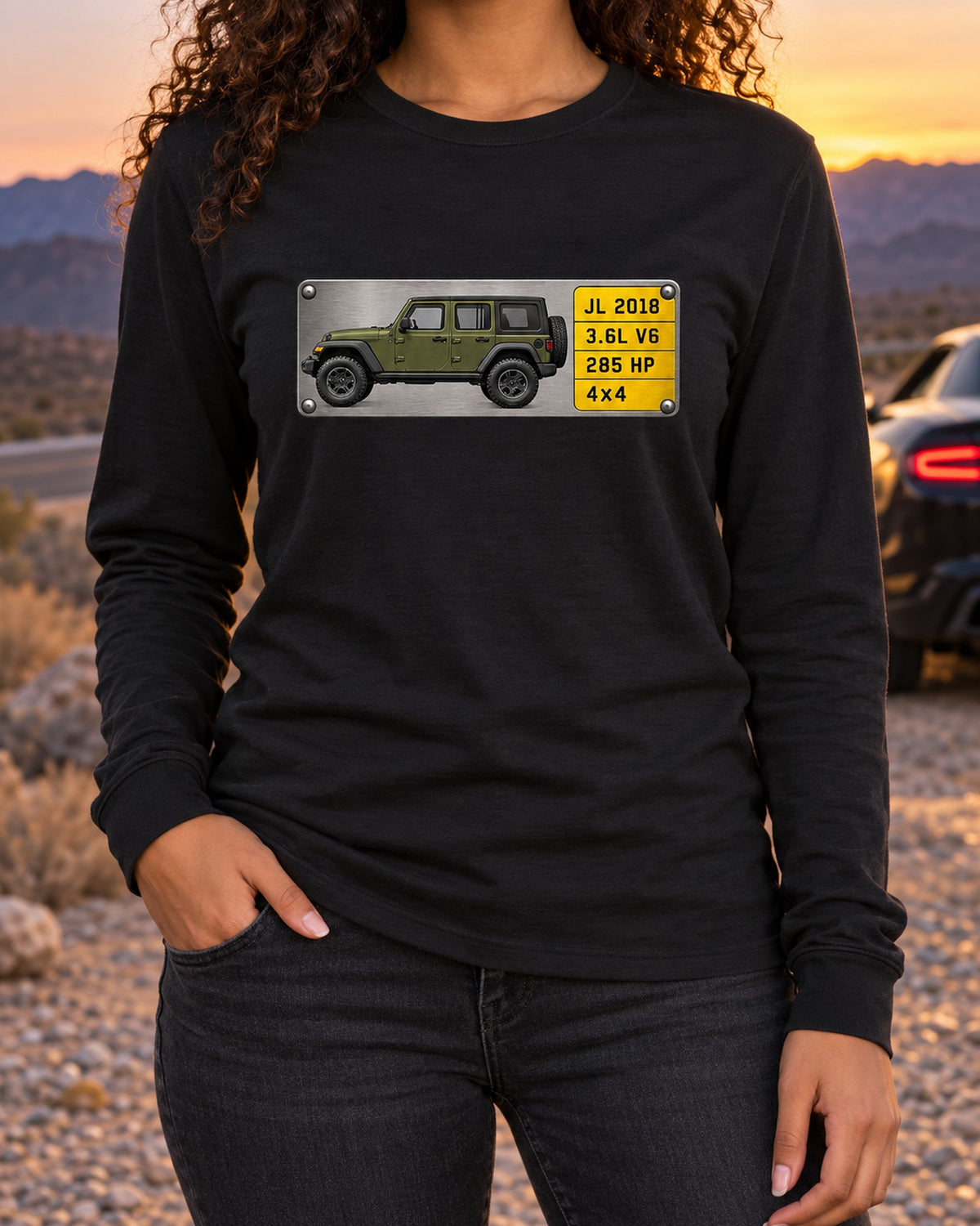 Jeep Wrangler JL Unlimited 3.6L V6 285 HP Spec Plate Tee Long Sleeve Black worn hero
