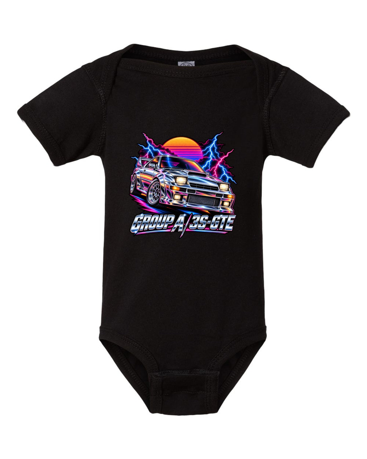80s airbrush chrome illustration of a Toyota Celica GT-Four ST185 with Group A 3S-GTE lettering black baby onesie front view with the design