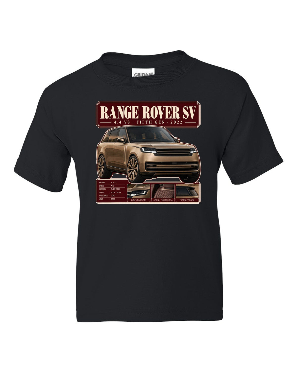 Archive panel print of the Range Rover SV L460 with 4.4 V8 and fifth generation black kids tee front view with the design
