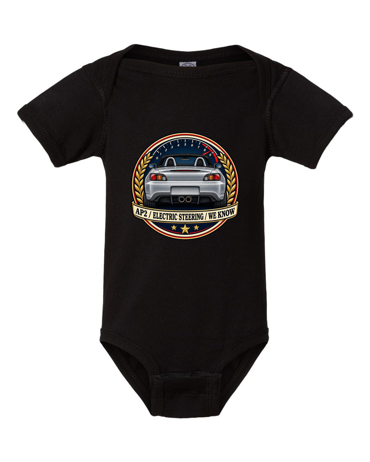 Crest layout print for the Honda S2000 AP2 with electric steering joke text black baby onesie front view with the design