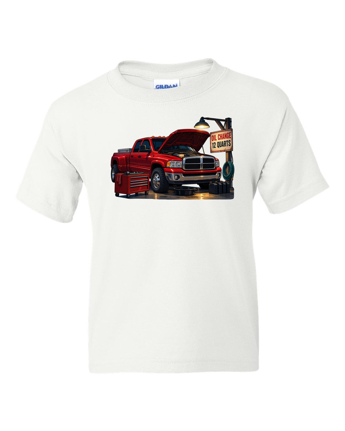 Cel-shaded anime night garage print of a red 2003-2009 Dodge Ram 3rd gen diesel with oil change text white kids tee front view with the design