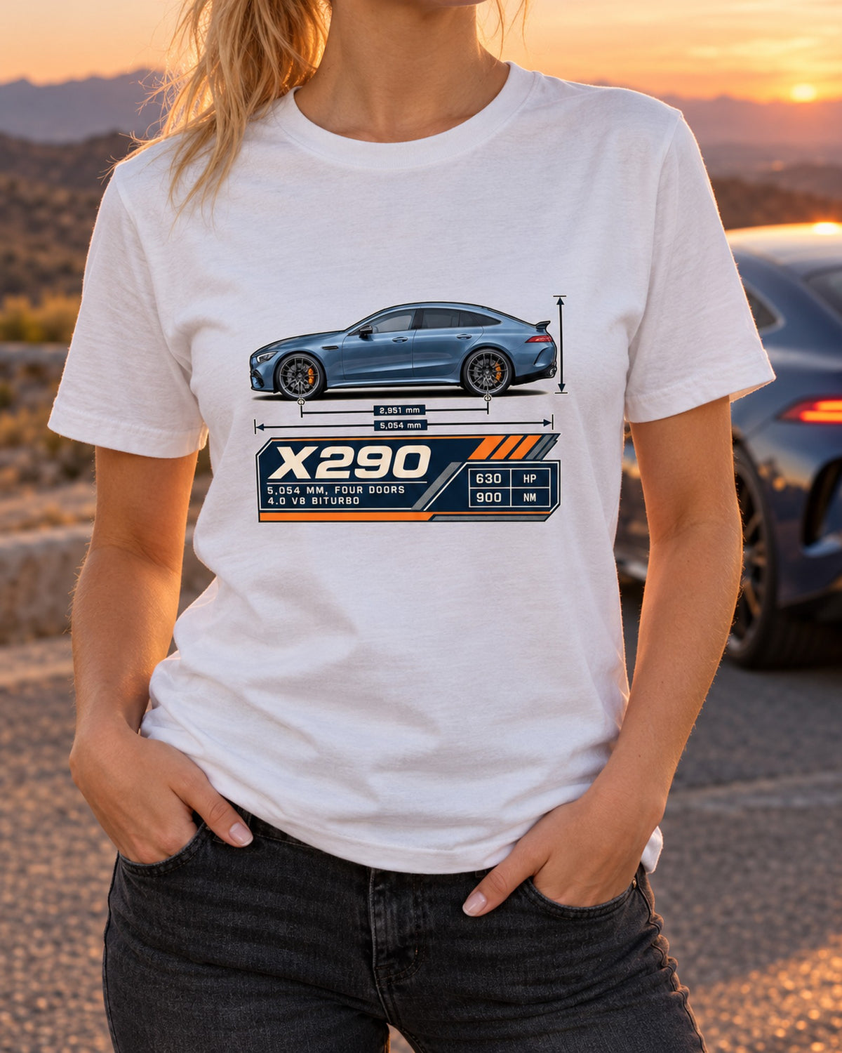 AMG GT 63 S 4-Door X290 Dimension Blueprint Tee, Steel Blue T-Shirt White worn hero
