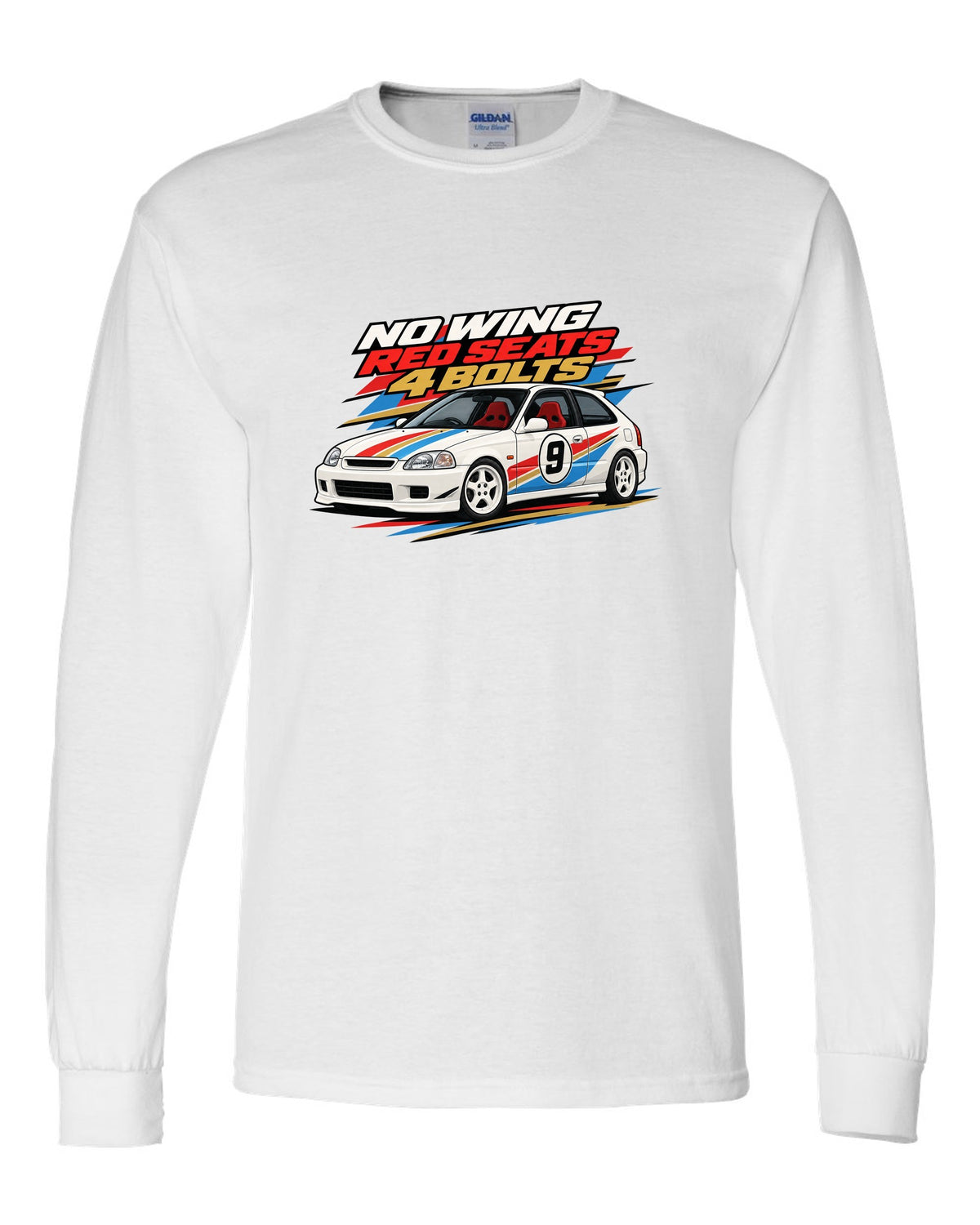 Retro racing livery print of a Honda Civic Type R EK9 with no wing red seats 4 bolts text white long sleeve front view with the design