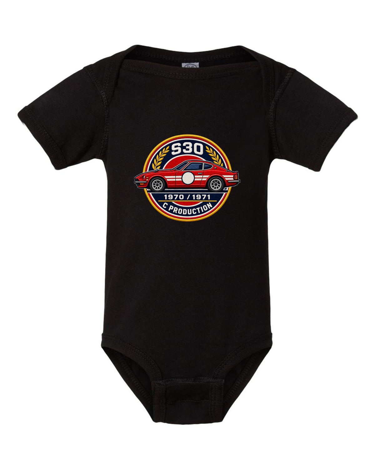 Round crest print for the Datsun 240Z S30 with S30, 1970, 1971 and C Production lettering black baby onesie front view with the design