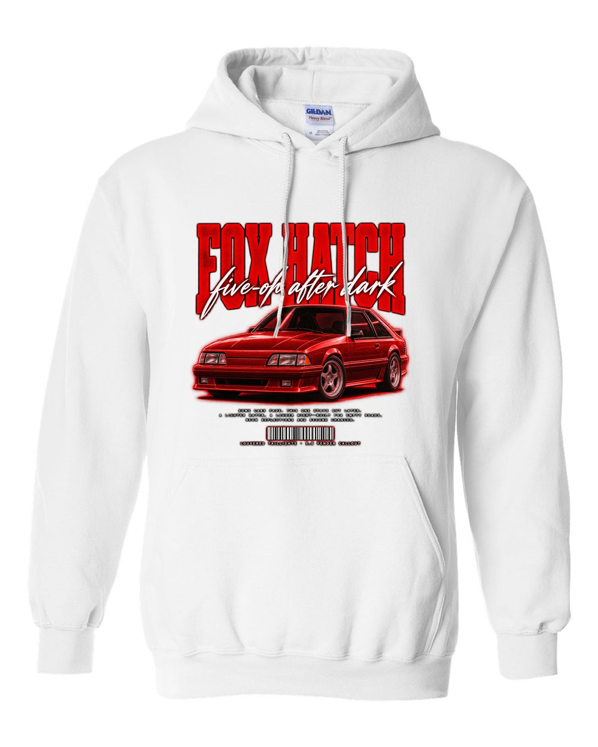 Street poster illustration of a Ford Mustang Fox body GT chback at night, five-oh after dark white pull over hoodie front view with the design