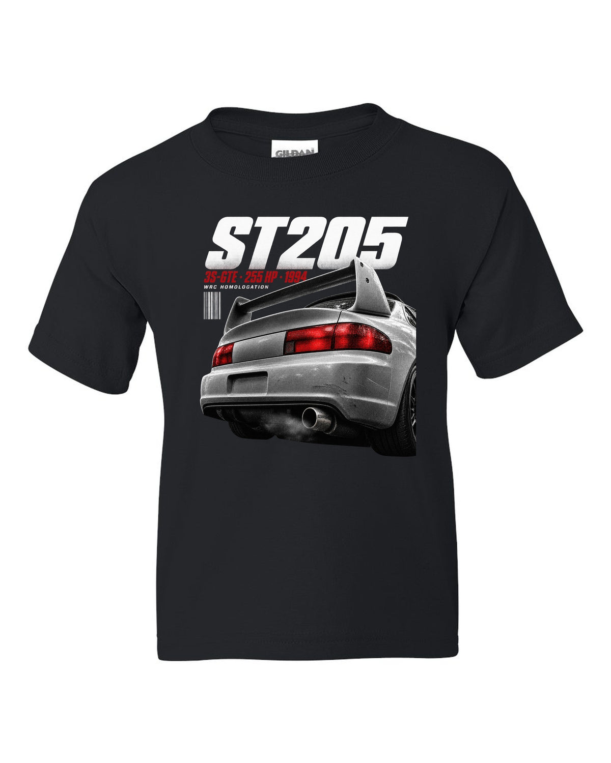 Macro detail of the Toyota Celica GT-Four ST205 rear wing with 3S-GTE text black kids tee front view with the design
