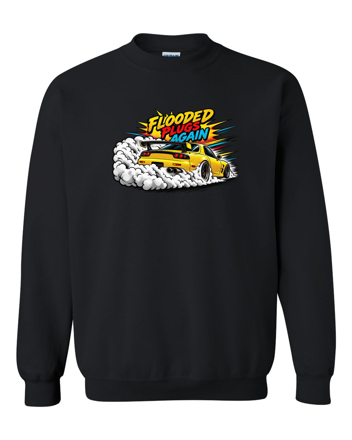 Comic halftone pop art print of a Mazda RX-7 FD3S with text Flooded, Plugs, Again black crewneck front view with the design